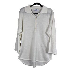 Brylane Knit Sweater M White Classic Tunic Neutral Minimalist Granny Retro Boho